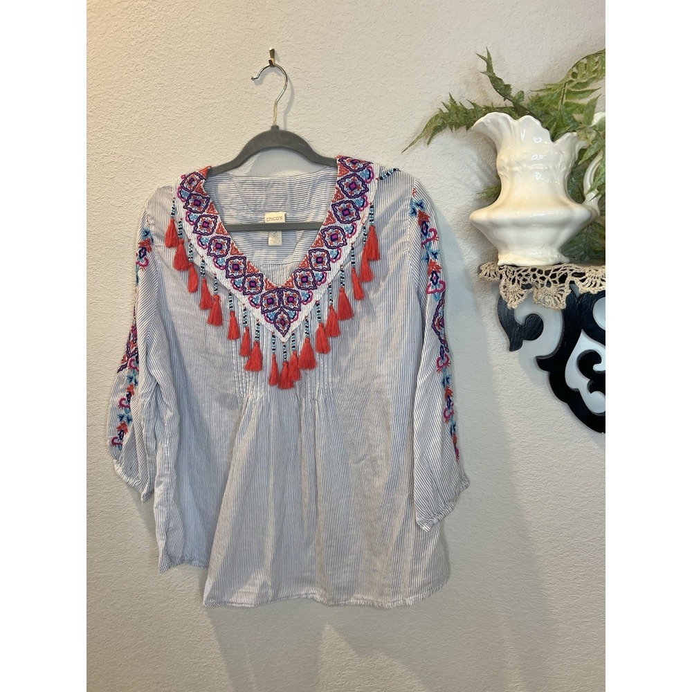 Chico's Blue Coral Embroidered‎ Tassle Boho Beaded Coastal V Neck Blouse Sz 2 Lg